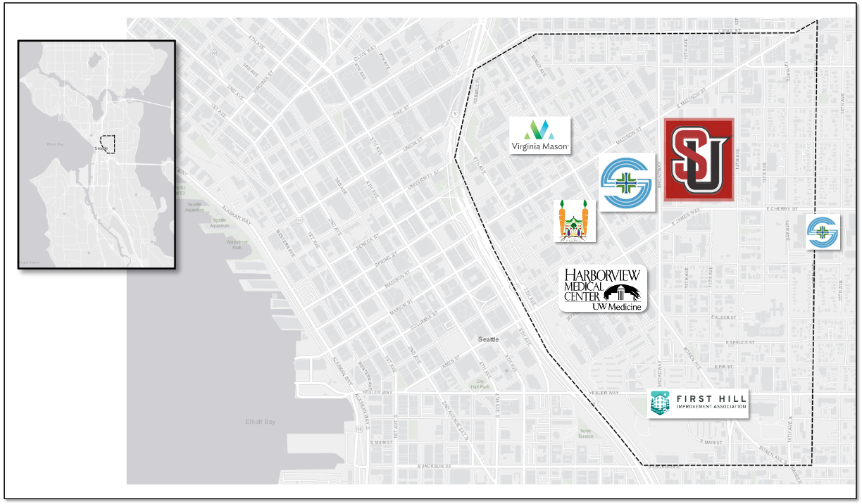 Map of downtown Seattle with anticipated patient catchment area